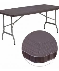 Flash Furniture Rectangle Brn Rattan 30X96 Fold Table, 32.5" W, 67.5" L, 28.75" H, Plastic Top, Brown