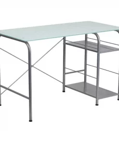 Flash Furniture Computer Desk, 23-1/2" D, 47-1/4" W, 29-1/2" H, Silk White/Silver, Glass