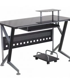 Flash Furniture Computer Desk, 23-3/4" to 28-1/2" D, 47-1/4" W, 30-1/4" H, Black Top/Silver Frame, Glass