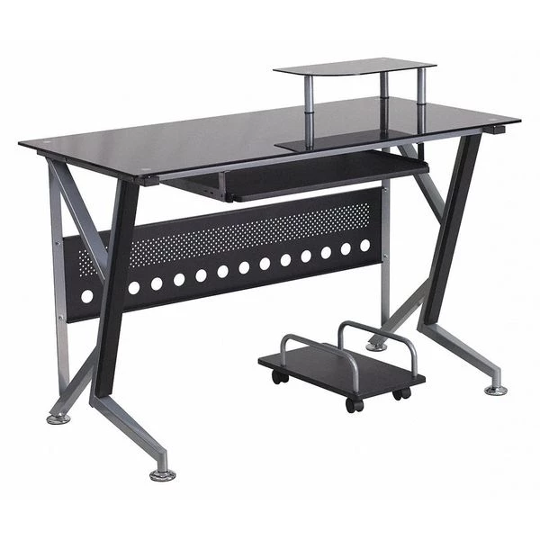 Flash Furniture Computer Desk, 23-3/4" to 28-1/2" D, 47-1/4" W, 30-1/4" H, Black Top/Silver Frame, Glass