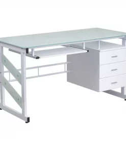 Flash Furniture Computer Desk, 25-1/2" to 33" D, 55" W, 29-3/4" H, Frosted/White, Metal, Table Top: Glass